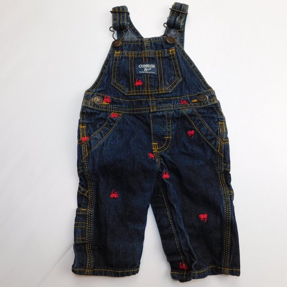 Oshkosh B'gosh Baby 3 Months Dark Denim Jean Red train Overalls - Picture 1 of 7